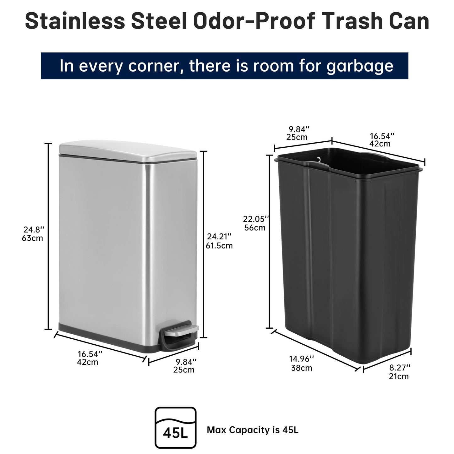 45L Slim Stainless Steel Pedal Trash Can with Inner Bucket Soft - Close AMTC45SB - with | Sold by Uncle Wiener's Wholesale