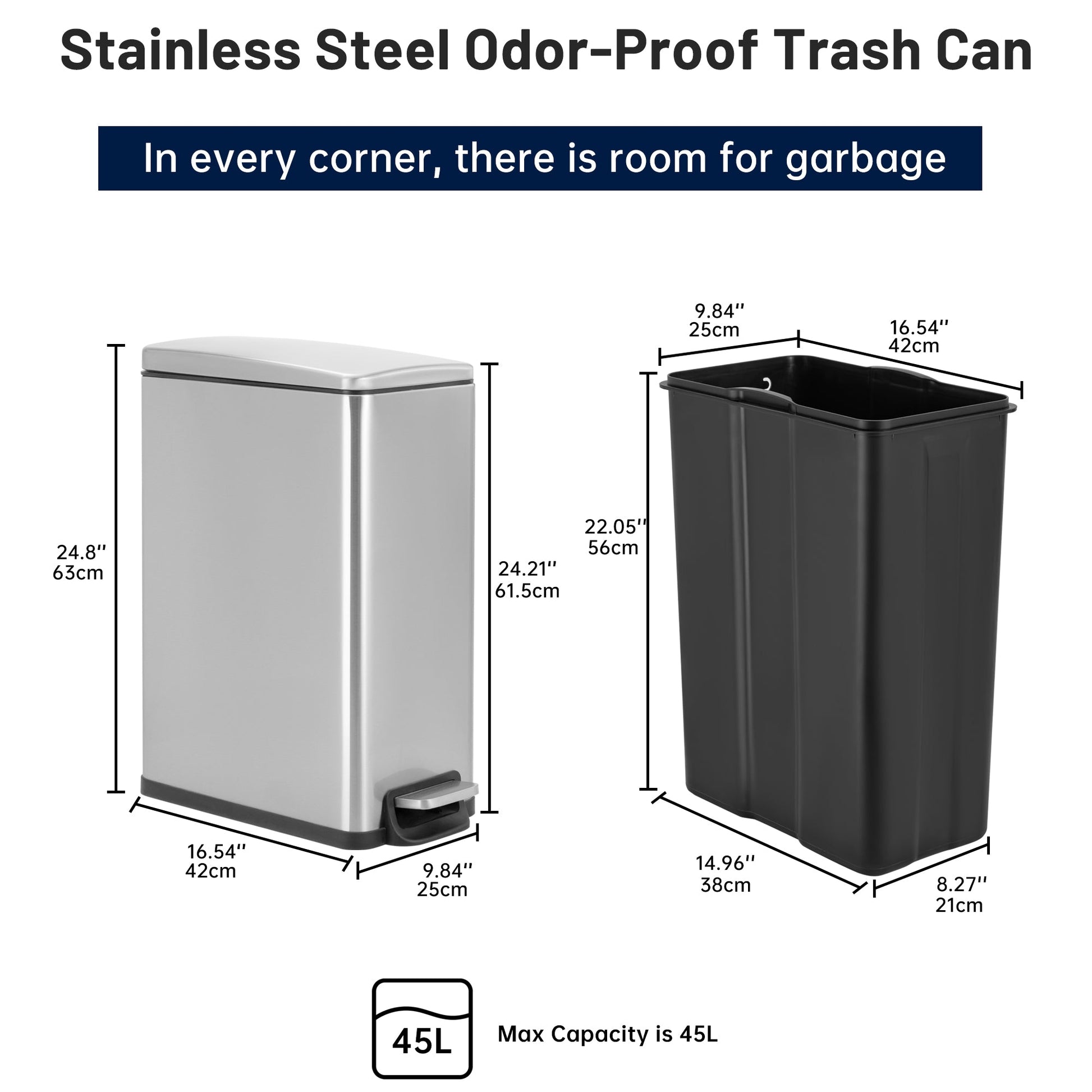 45L Slim Stainless Steel Pedal Trash Can with Inner Bucket Soft - Close AMTC45SB - with | Sold by Uncle Wiener's Wholesale