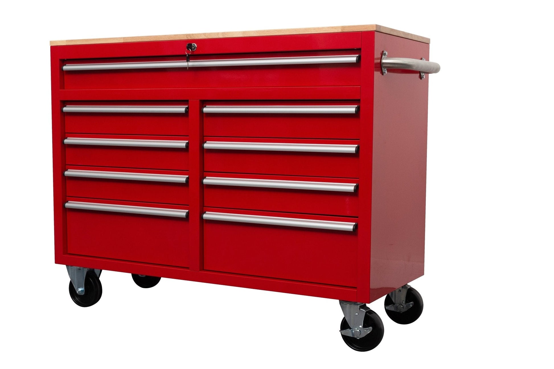 46-inch heavy-duty tool workbench with drawers
Mobile storage cabinet with wood top and wheels
Rolling tool bench in orange and black
Garage workbench with 9 locking drawers