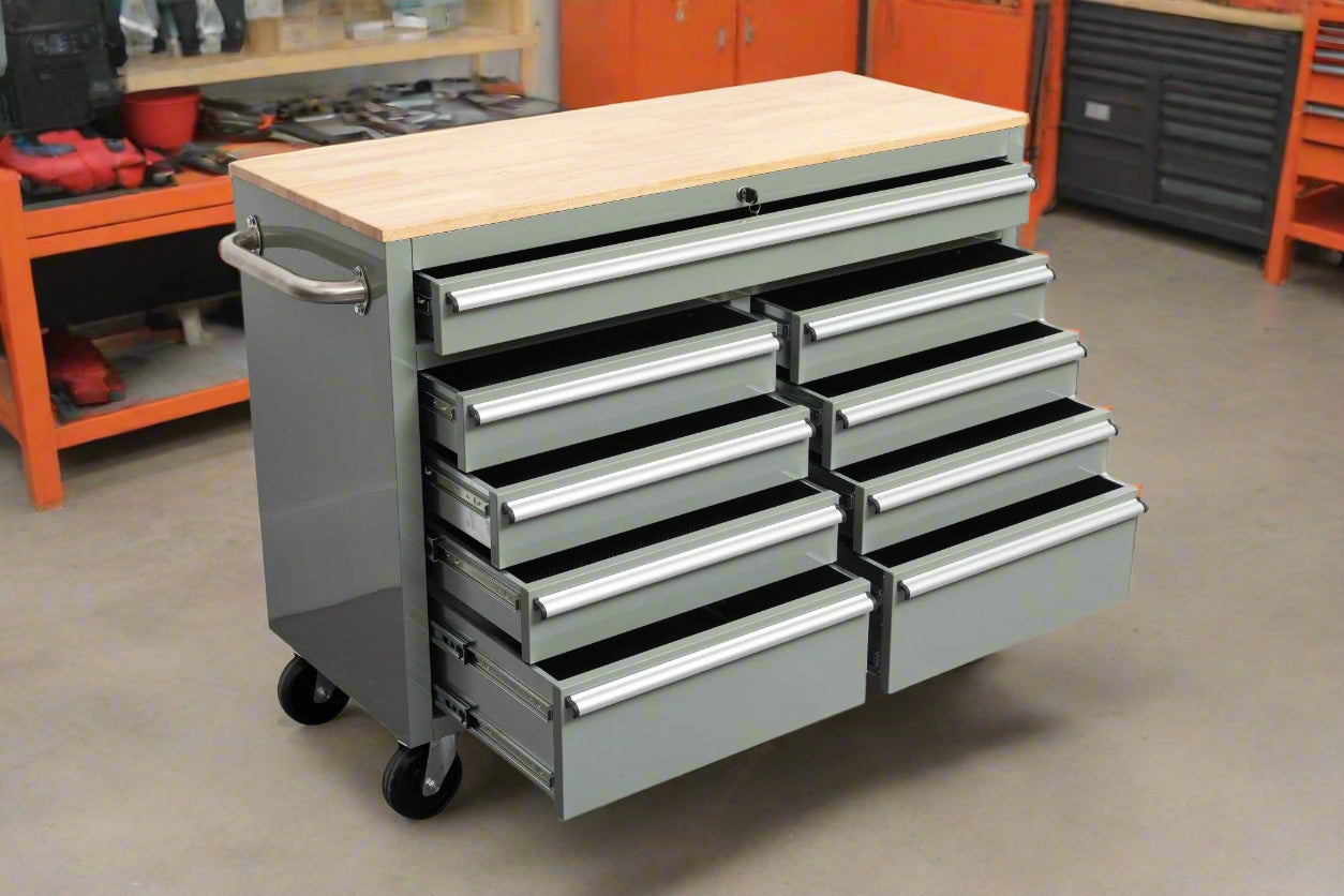 46-inch heavy-duty tool workbench with drawers
Mobile storage cabinet with wood top and wheels
Rolling tool bench in orange and black
Garage workbench with 9 locking drawers