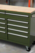 46-inch heavy-duty tool workbench with drawers
Mobile storage cabinet with wood top and wheels
Rolling tool bench in orange and black
Garage workbench with 9 locking drawers