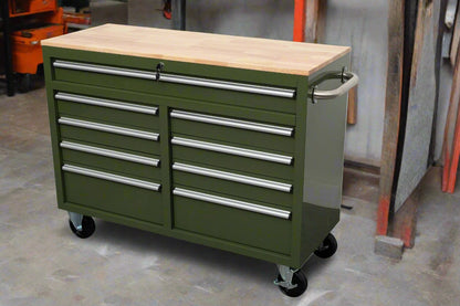 46-inch heavy-duty tool workbench with drawers
Mobile storage cabinet with wood top and wheels
Rolling tool bench in orange and black
Garage workbench with 9 locking drawers