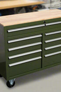 46-inch heavy-duty tool workbench with drawers
Mobile storage cabinet with wood top and wheels
Rolling tool bench in orange and black
Garage workbench with 9 locking drawers