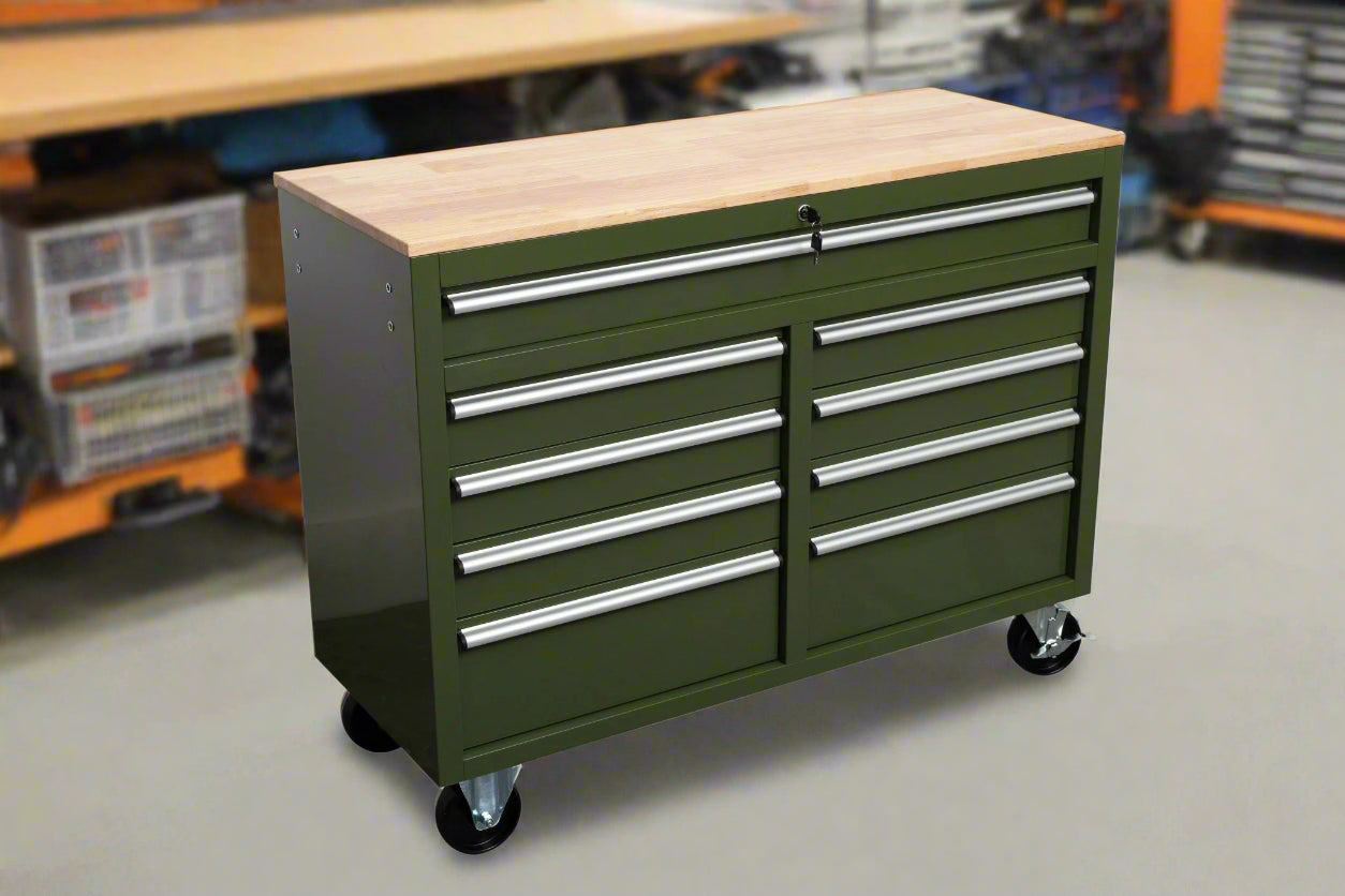 46-inch heavy-duty tool workbench with drawers
Mobile storage cabinet with wood top and wheels
Rolling tool bench in orange and black
Garage workbench with 9 locking drawers