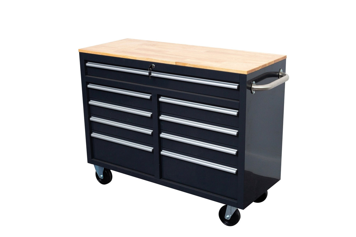 46-inch heavy-duty tool workbench with drawers
Mobile storage cabinet with wood top and wheels
Rolling tool bench in orange and black
Garage workbench with 9 locking drawers