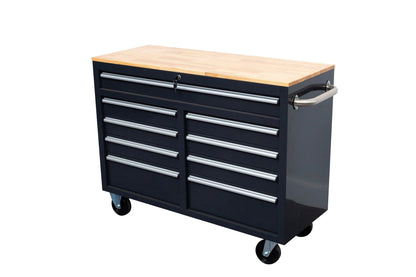 46-inch heavy-duty tool workbench with drawers
Mobile storage cabinet with wood top and wheels
Rolling tool bench in orange and black
Garage workbench with 9 locking drawers