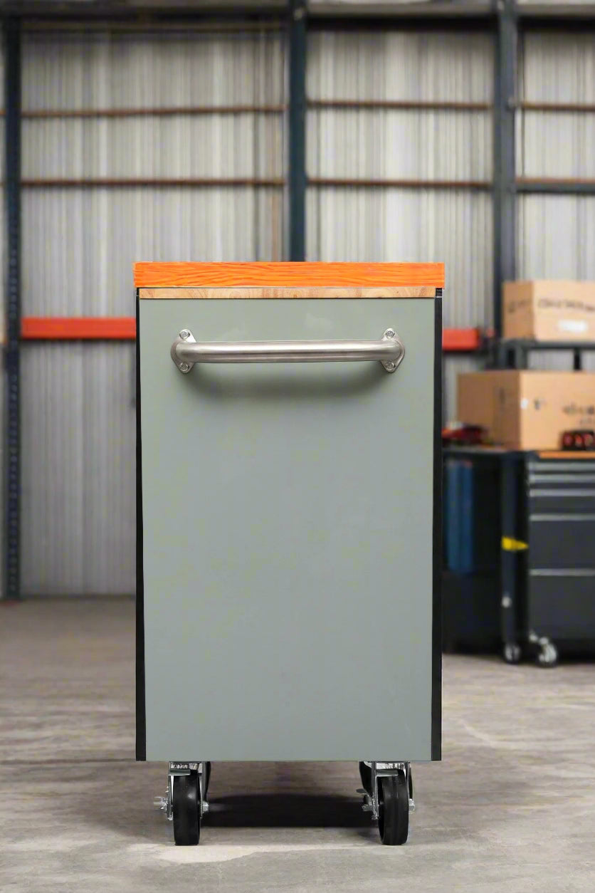 46-inch heavy-duty tool workbench with drawers
Mobile storage cabinet with wood top and wheels
Rolling tool bench in orange and black
Garage workbench with 9 locking drawers