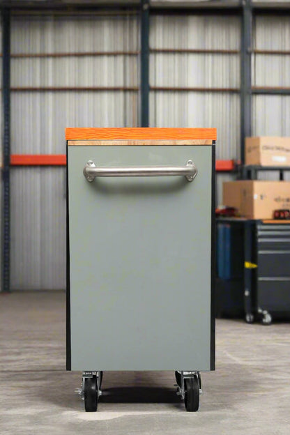 46-inch heavy-duty tool workbench with drawers
Mobile storage cabinet with wood top and wheels
Rolling tool bench in orange and black
Garage workbench with 9 locking drawers