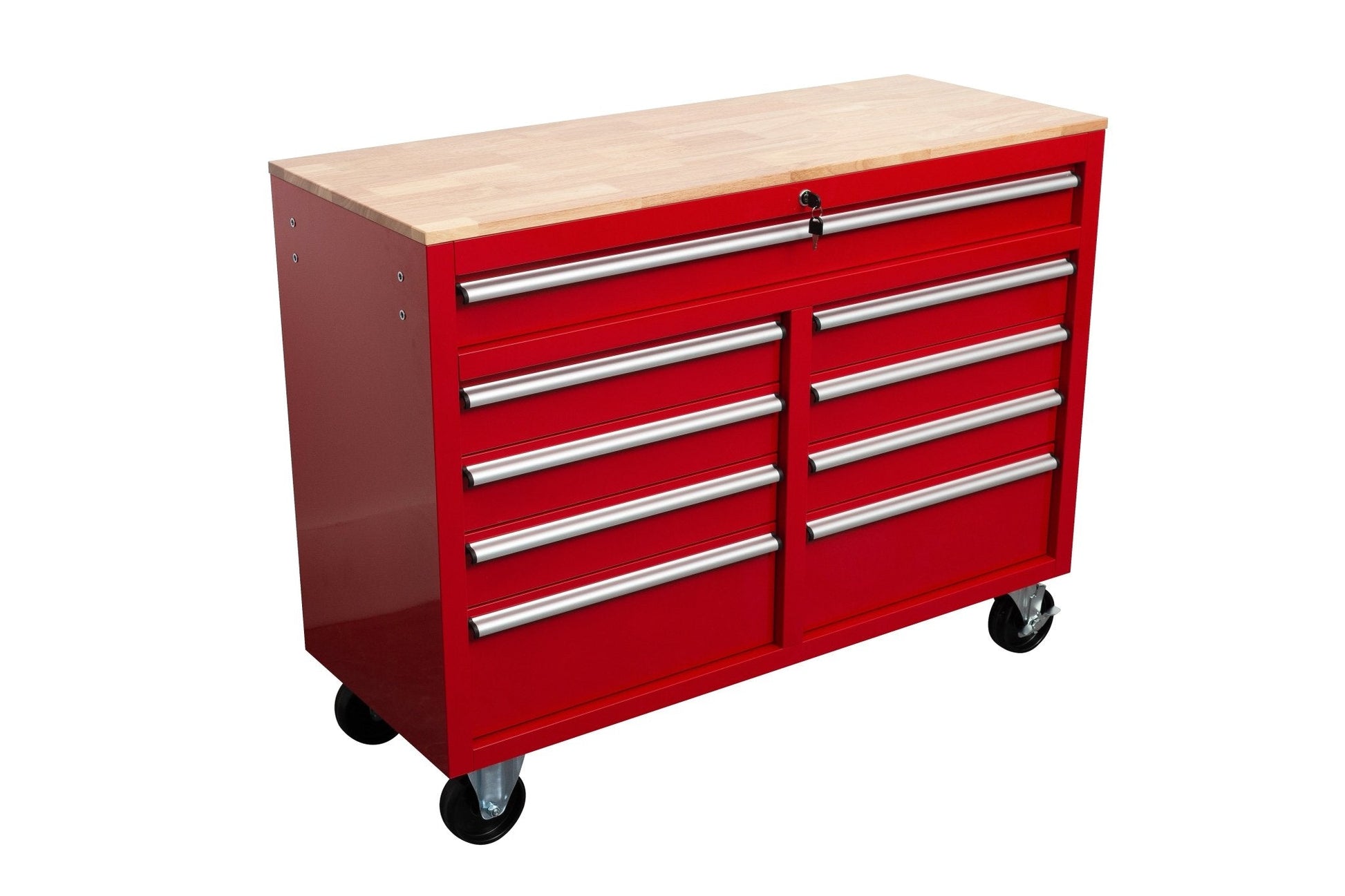 46-inch heavy-duty tool workbench with drawers
Mobile storage cabinet with wood top and wheels
Rolling tool bench in orange and black
Garage workbench with 9 locking drawers