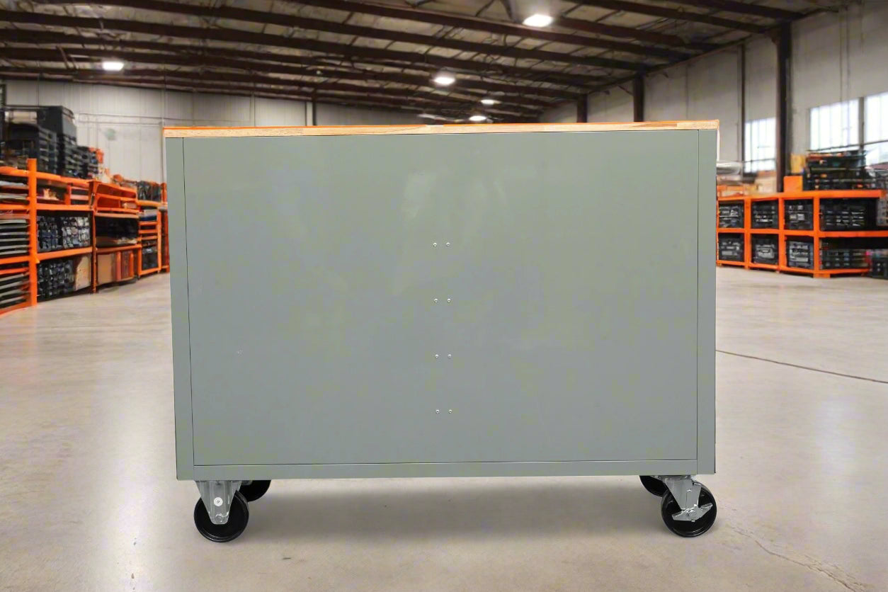 46-inch heavy-duty tool workbench with drawers
Mobile storage cabinet with wood top and wheels
Rolling tool bench in orange and black
Garage workbench with 9 locking drawers