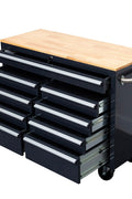 46-inch heavy-duty tool workbench with drawers
Mobile storage cabinet with wood top and wheels
Rolling tool bench in orange and black
Garage workbench with 9 locking drawers