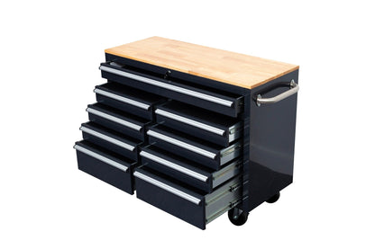 46-inch heavy-duty tool workbench with drawers
Mobile storage cabinet with wood top and wheels
Rolling tool bench in orange and black
Garage workbench with 9 locking drawers