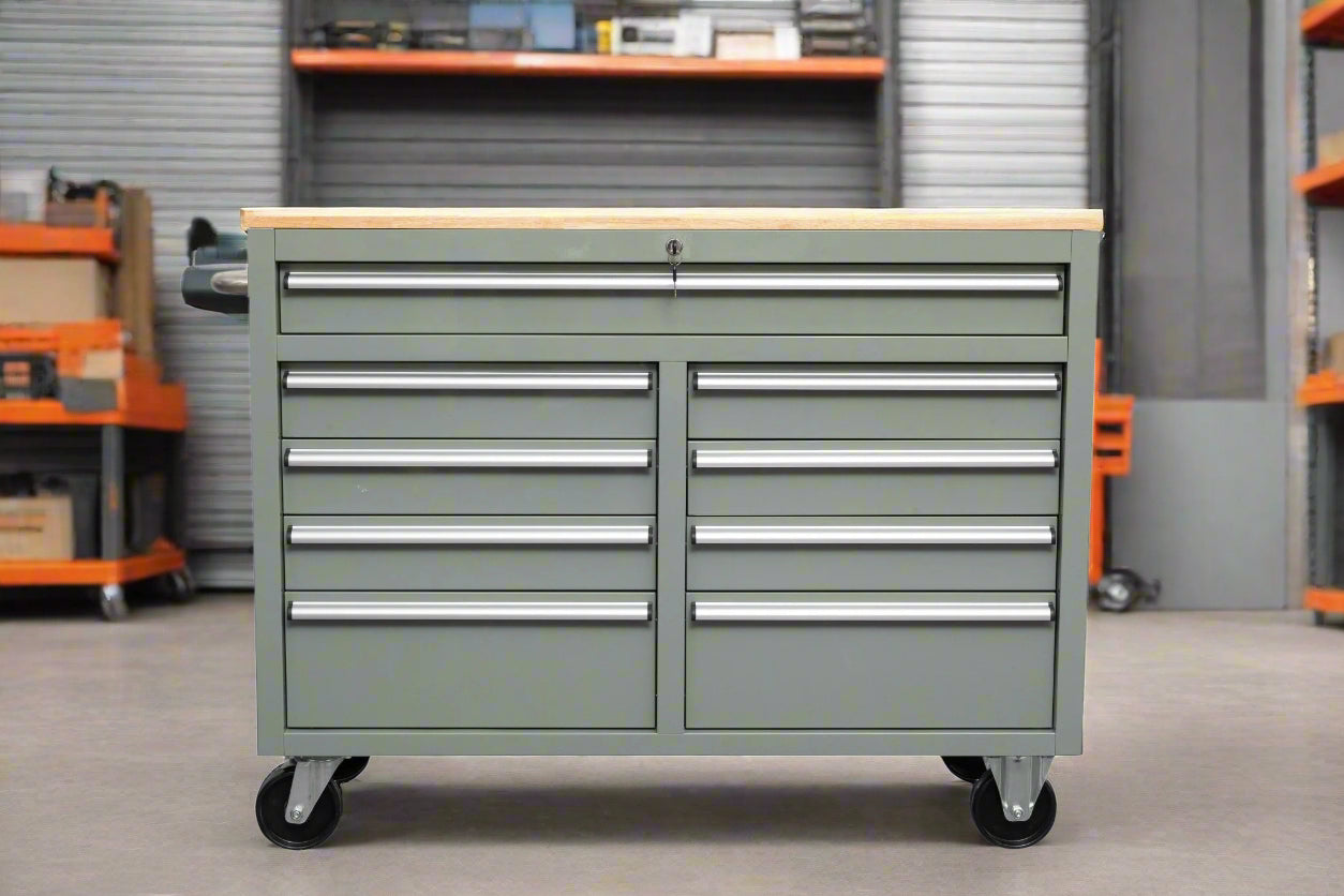 46-inch heavy-duty tool workbench with drawers
Mobile storage cabinet with wood top and wheels
Rolling tool bench in orange and black
Garage workbench with 9 locking drawers