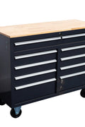 46-inch heavy-duty tool workbench with drawers
Mobile storage cabinet with wood top and wheels
Rolling tool bench in orange and black
Garage workbench with 9 locking drawers