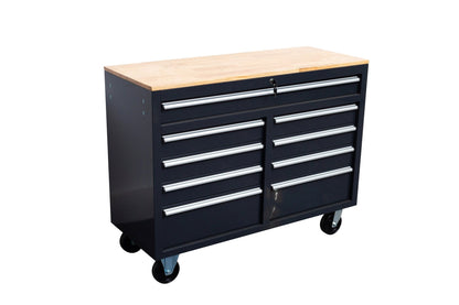 46-inch heavy-duty tool workbench with drawers
Mobile storage cabinet with wood top and wheels
Rolling tool bench in orange and black
Garage workbench with 9 locking drawers