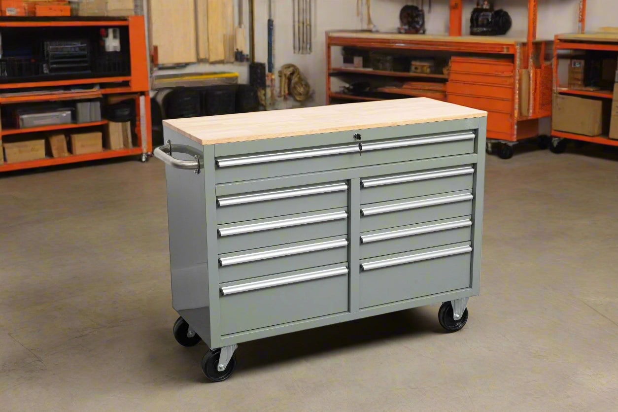 46-inch heavy-duty tool workbench with drawers
Mobile storage cabinet with wood top and wheels
Rolling tool bench in orange and black
Garage workbench with 9 locking drawers