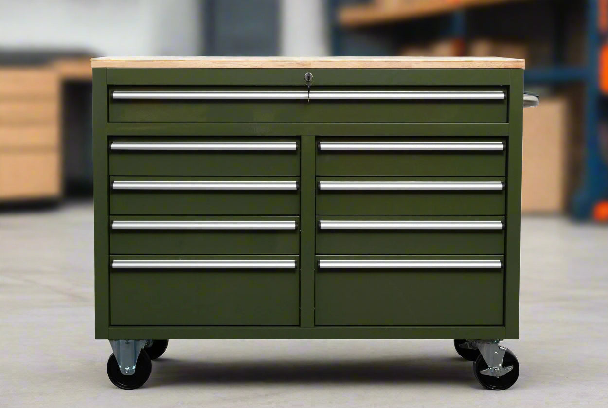 46-inch heavy-duty tool workbench with drawers
Mobile storage cabinet with wood top and wheels
Rolling tool bench in orange and black
Garage workbench with 9 locking drawers