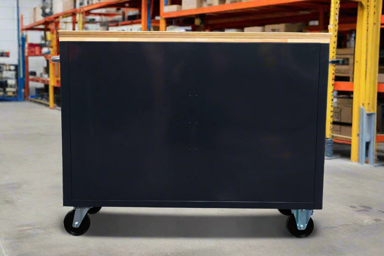 46-inch heavy-duty tool workbench with drawers
Mobile storage cabinet with wood top and wheels
Rolling tool bench in orange and black
Garage workbench with 9 locking drawers