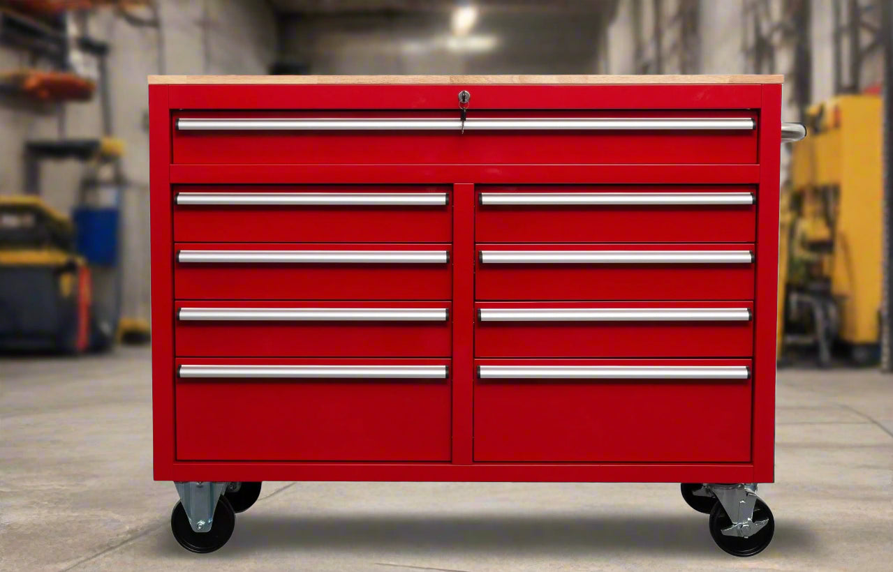 46-inch heavy-duty tool workbench with drawers
Mobile storage cabinet with wood top and wheels
Rolling tool bench in orange and black
Garage workbench with 9 locking drawers