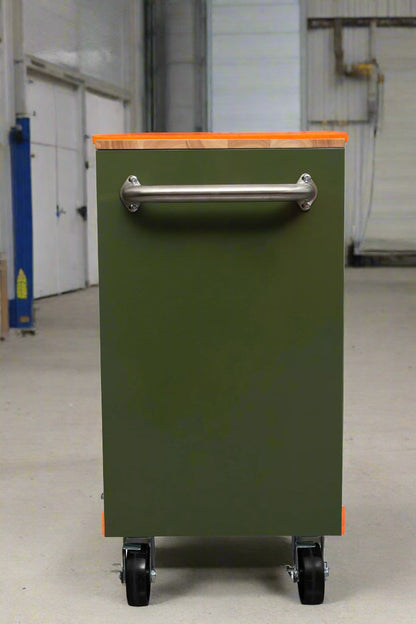 46-inch heavy-duty tool workbench with drawers
Mobile storage cabinet with wood top and wheels
Rolling tool bench in orange and black
Garage workbench with 9 locking drawers