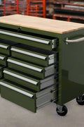 46-inch heavy-duty tool workbench with drawers
Mobile storage cabinet with wood top and wheels
Rolling tool bench in orange and black
Garage workbench with 9 locking drawers