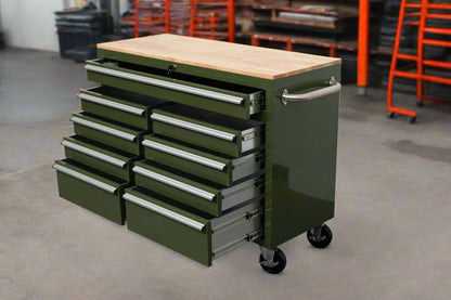 46-inch heavy-duty tool workbench with drawers
Mobile storage cabinet with wood top and wheels
Rolling tool bench in orange and black
Garage workbench with 9 locking drawers