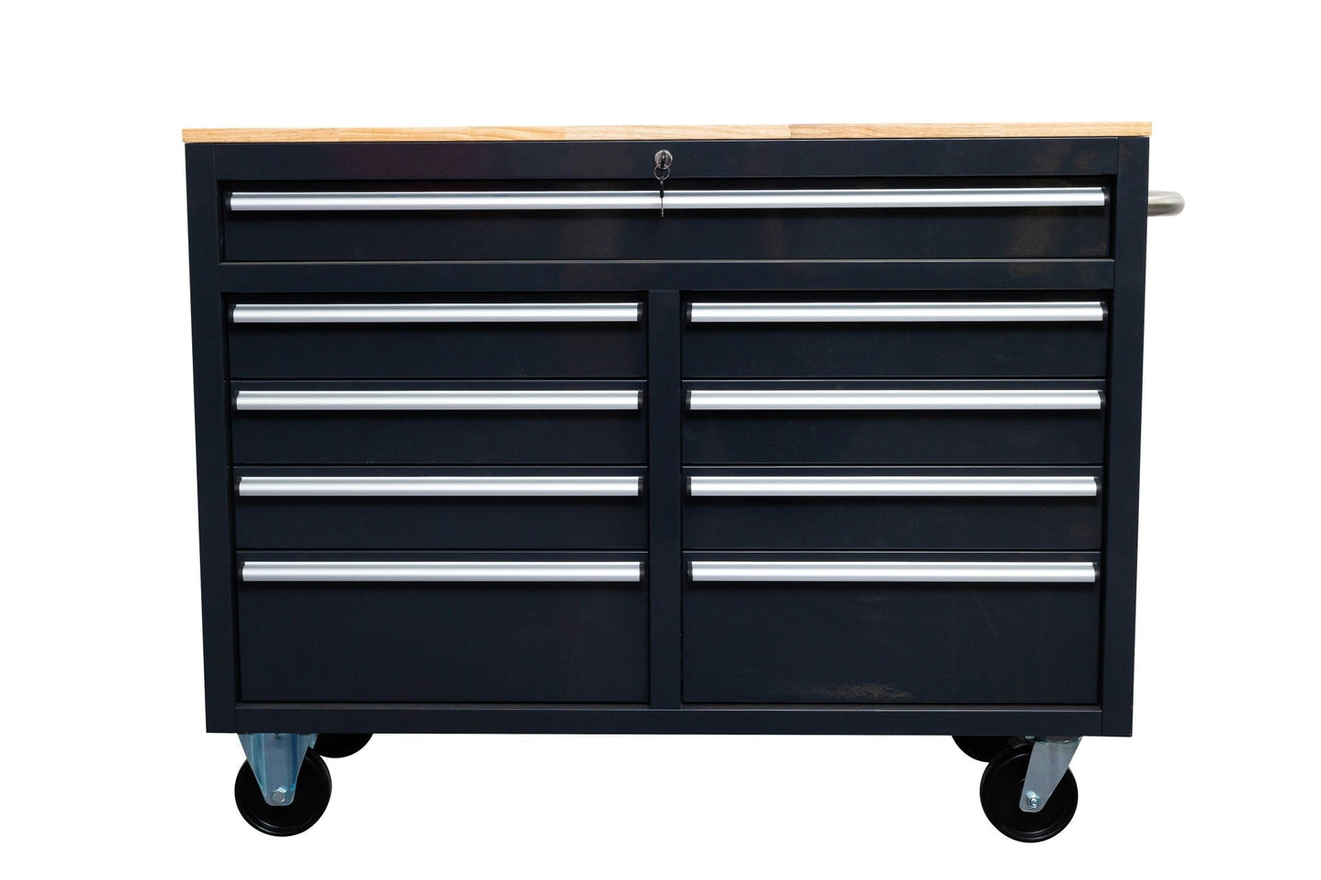 46-inch heavy-duty tool workbench with drawers
Mobile storage cabinet with wood top and wheels
Rolling tool bench in orange and black
Garage workbench with 9 locking drawers