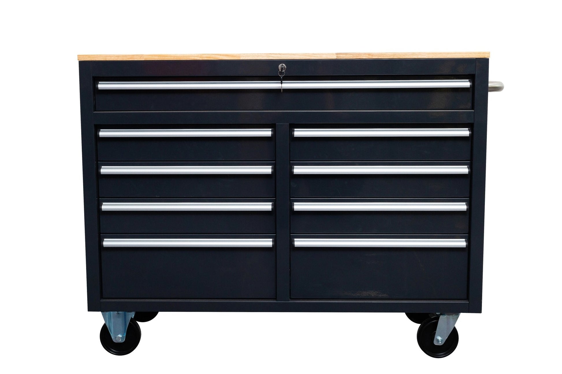 46-inch heavy-duty tool workbench with drawers
Mobile storage cabinet with wood top and wheels
Rolling tool bench in orange and black
Garage workbench with 9 locking drawers