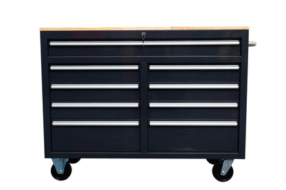46-inch heavy-duty tool workbench with drawers
Mobile storage cabinet with wood top and wheels
Rolling tool bench in orange and black
Garage workbench with 9 locking drawers