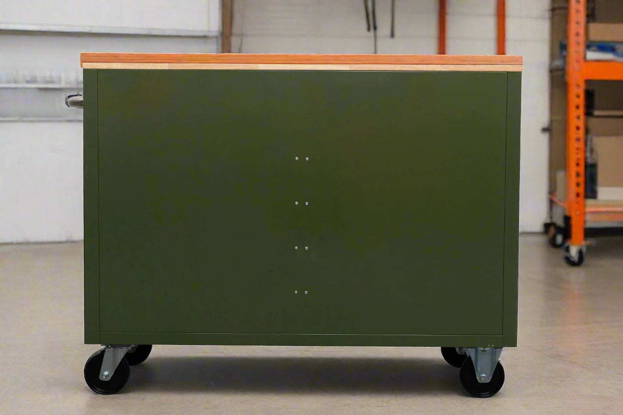 46-inch heavy-duty tool workbench with drawers
Mobile storage cabinet with wood top and wheels
Rolling tool bench in orange and black
Garage workbench with 9 locking drawers