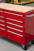 46-inch heavy-duty tool workbench with drawers
Mobile storage cabinet with wood top and wheels
Rolling tool bench in orange and black
Garage workbench with 9 locking drawers