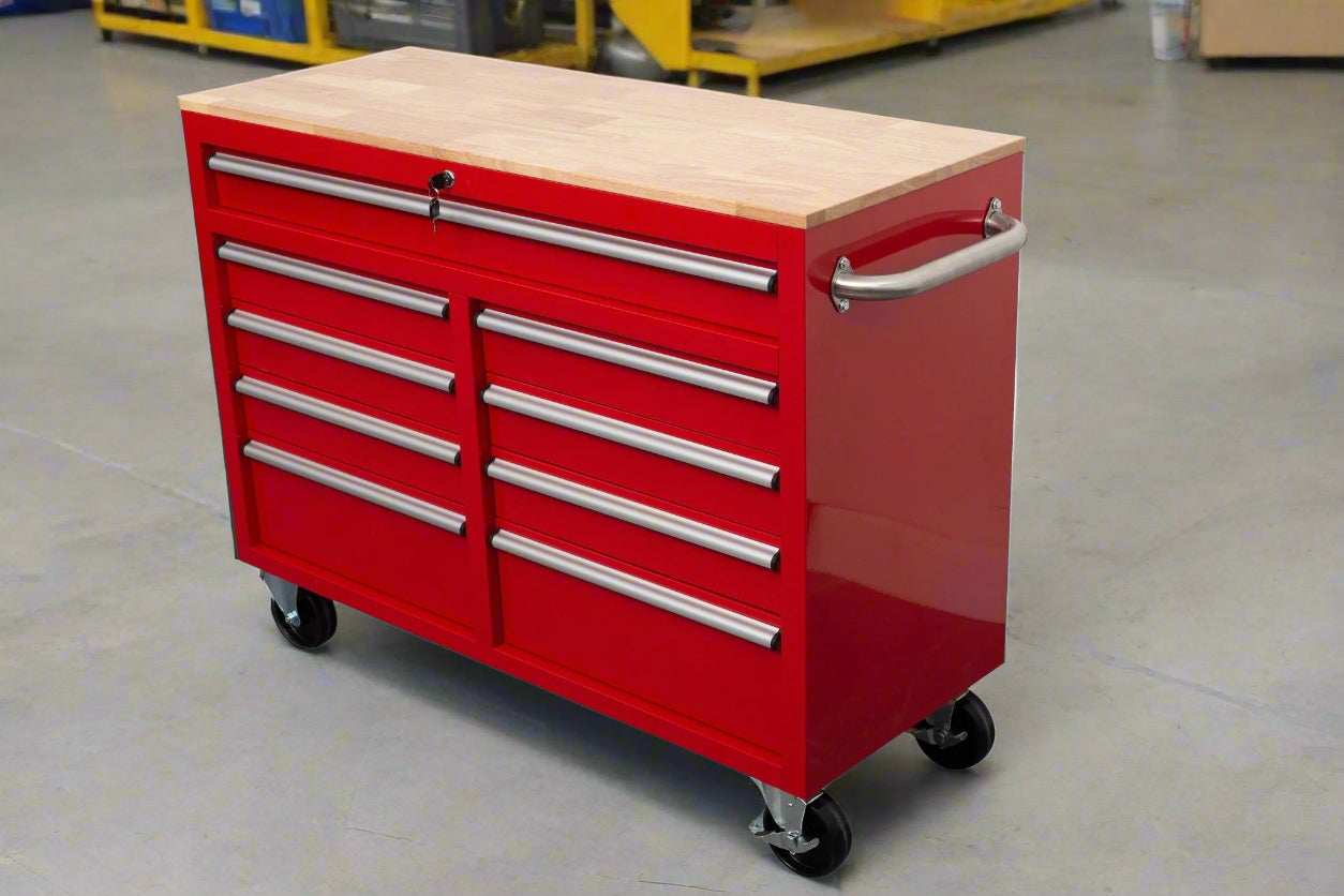 46-inch heavy-duty tool workbench with drawers
Mobile storage cabinet with wood top and wheels
Rolling tool bench in orange and black
Garage workbench with 9 locking drawers