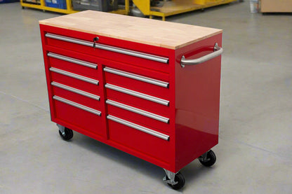 46-inch heavy-duty tool workbench with drawers
Mobile storage cabinet with wood top and wheels
Rolling tool bench in orange and black
Garage workbench with 9 locking drawers