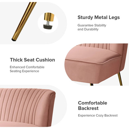 Fuchsia velvet loveseat with tufted back and gold legs in modern decor.
Ivory armless loveseat sofa with mid-century design in studio setup.
Tan velvet 2-seater with flared gold legs styled against a neutral wall.
Close-up of plush velvet texture and fluted backrest detail.
Color swatches displaying Fuchsia, Pink, Ivory, and Tan options.