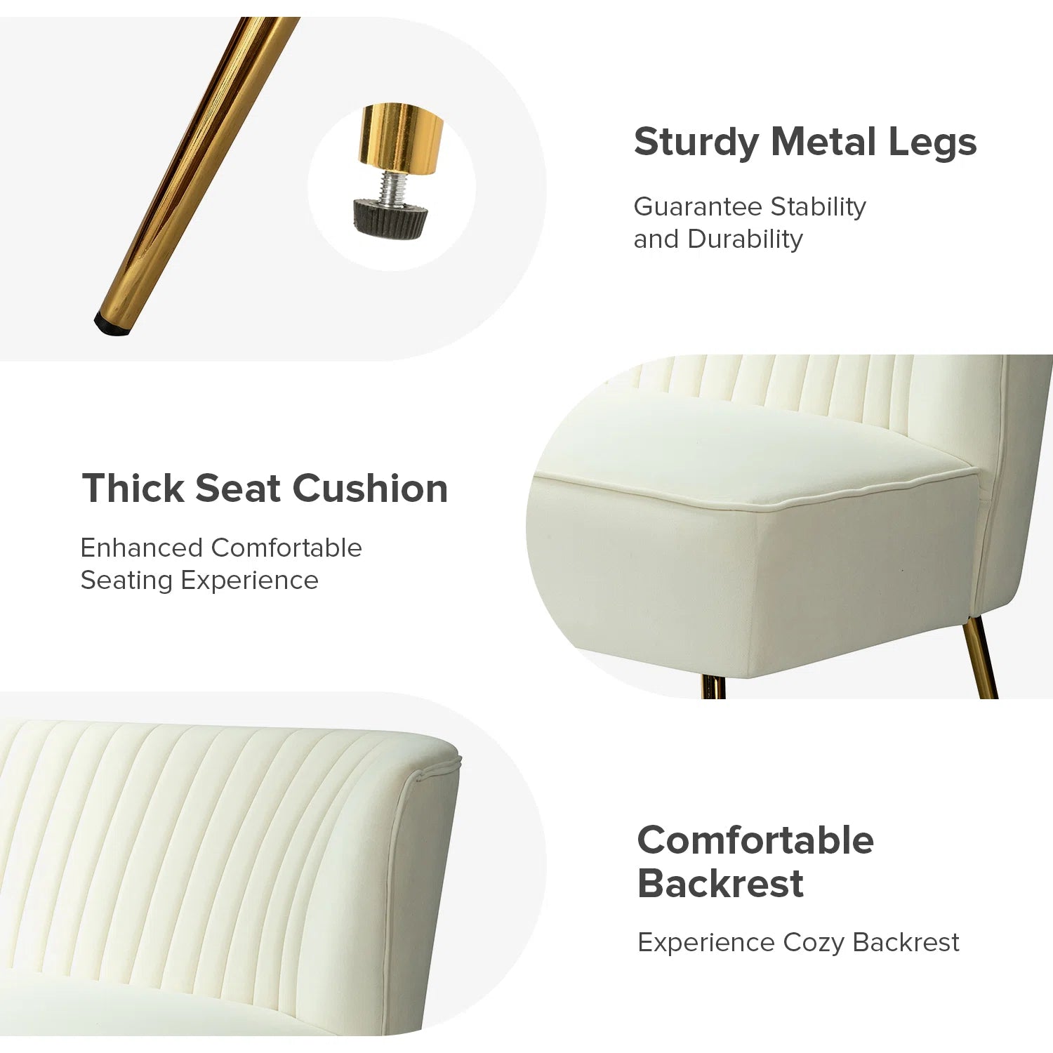 Fuchsia velvet loveseat with tufted back and gold legs in modern decor.
Ivory armless loveseat sofa with mid-century design in studio setup.
Tan velvet 2-seater with flared gold legs styled against a neutral wall.
Close-up of plush velvet texture and fluted backrest detail.
Color swatches displaying Fuchsia, Pink, Ivory, and Tan options.
