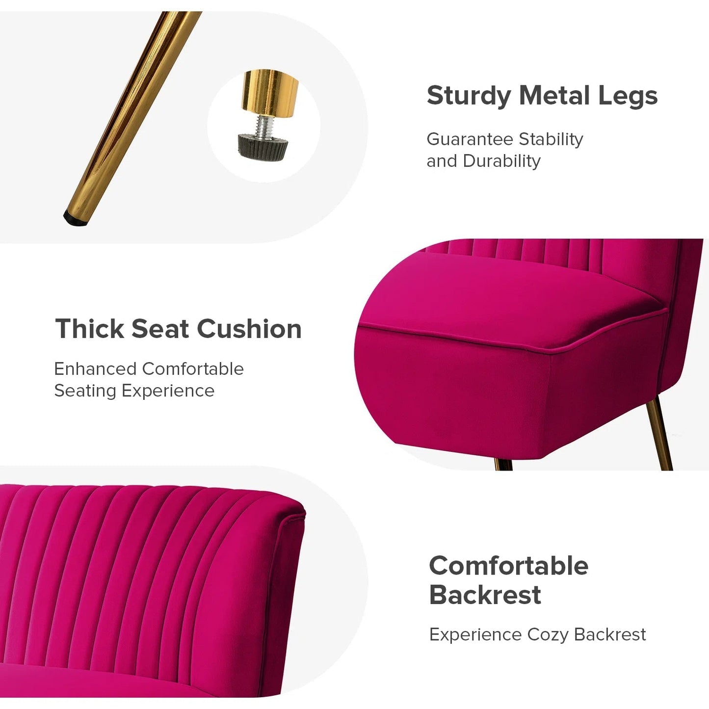 Fuchsia velvet loveseat with tufted back and gold legs in modern decor.
Ivory armless loveseat sofa with mid-century design in studio setup.
Tan velvet 2-seater with flared gold legs styled against a neutral wall.
Close-up of plush velvet texture and fluted backrest detail.
Color swatches displaying Fuchsia, Pink, Ivory, and Tan options.