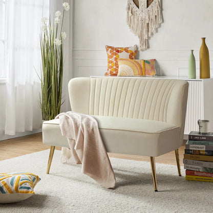 Fuchsia velvet loveseat with tufted back and gold legs in modern decor.
Ivory armless loveseat sofa with mid-century design in studio setup.
Tan velvet 2-seater with flared gold legs styled against a neutral wall.
Close-up of plush velvet texture and fluted backrest detail.
Color swatches displaying Fuchsia, Pink, Ivory, and Tan options.