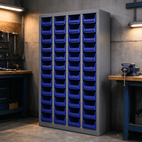 48-Drawer Steel Small Parts Storage Cabinet with Blue Plastic Drawers for Screws, Nuts, Bolts &amp; Hardware A453120D - with | Sold by Uncle Wiener's Wholesale