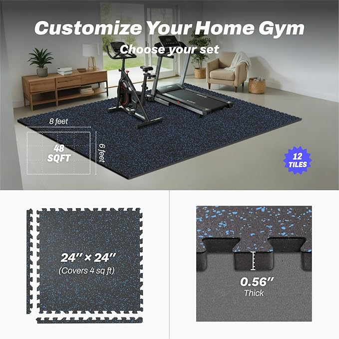 48 Sq Ft Interlocking Exercise Mats – 12 Tiles – EVA & Rubber Gym Flooring - with Black/Blue | Sold by Uncle Wiener's Wholesale