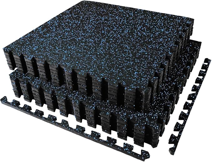 48 Sq Ft Interlocking Exercise Mats – 12 Tiles – EVA & Rubber Gym Flooring - with Black/Blue | Sold by Uncle Wiener's Wholesale