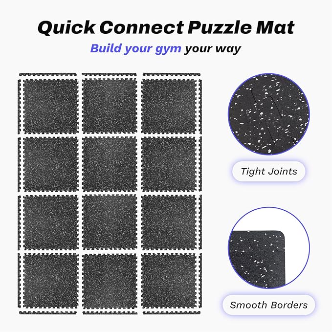 48 Sq Ft Interlocking Exercise Mats – 12 Tiles – EVA & Rubber Gym Flooring - with Black/White | Sold by Uncle Wiener's Wholesale
