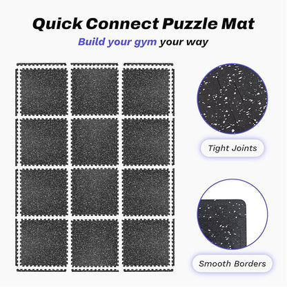48 Sq Ft Interlocking Exercise Mats – 12 Tiles – EVA & Rubber Gym Flooring - with Black/White | Sold by Uncle Wiener's Wholesale
