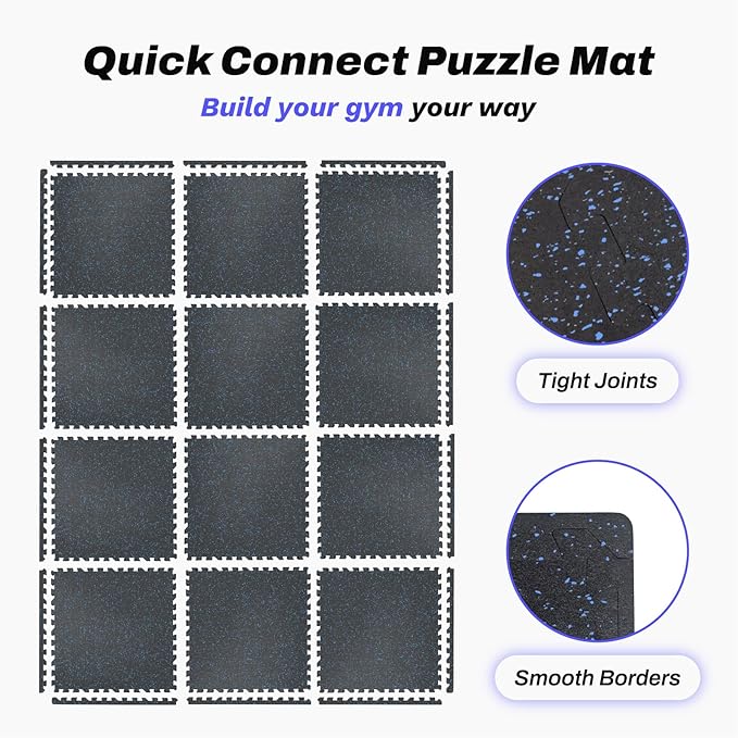 48 Sq Ft Interlocking Exercise Mats – 12 Tiles – EVA & Rubber Gym Flooring - with Black/Blue | Sold by Uncle Wiener's Wholesale
