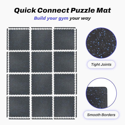 48 Sq Ft Interlocking Exercise Mats – 12 Tiles – EVA & Rubber Gym Flooring - with Black/Blue | Sold by Uncle Wiener's Wholesale
