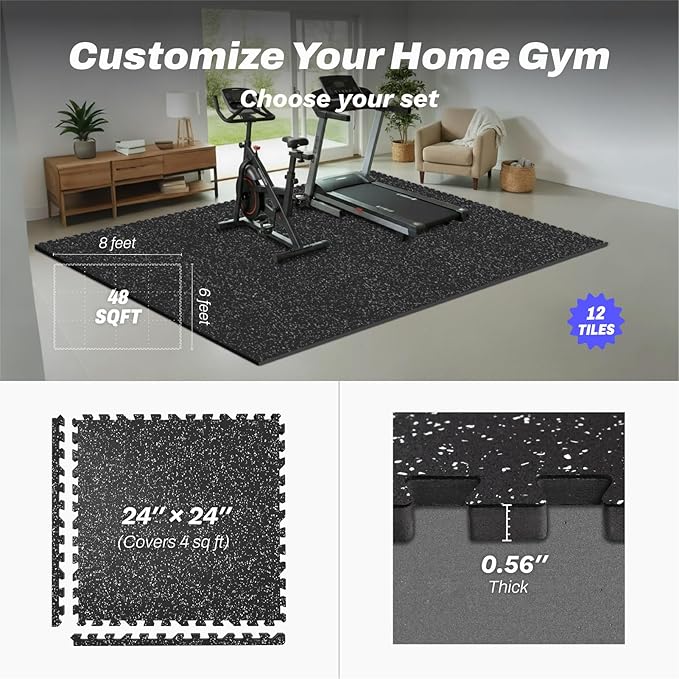 48 Sq Ft Interlocking Exercise Mats – 12 Tiles – EVA & Rubber Gym Flooring - with Black/White | Sold by Uncle Wiener's Wholesale