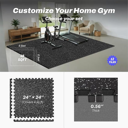 48 Sq Ft Interlocking Exercise Mats – 12 Tiles – EVA & Rubber Gym Flooring - with Black/White | Sold by Uncle Wiener's Wholesale