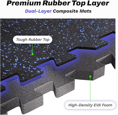 48 Sq Ft Interlocking Exercise Mats – 12 Tiles – EVA & Rubber Gym Flooring - with Black/Blue | Sold by Uncle Wiener's Wholesale