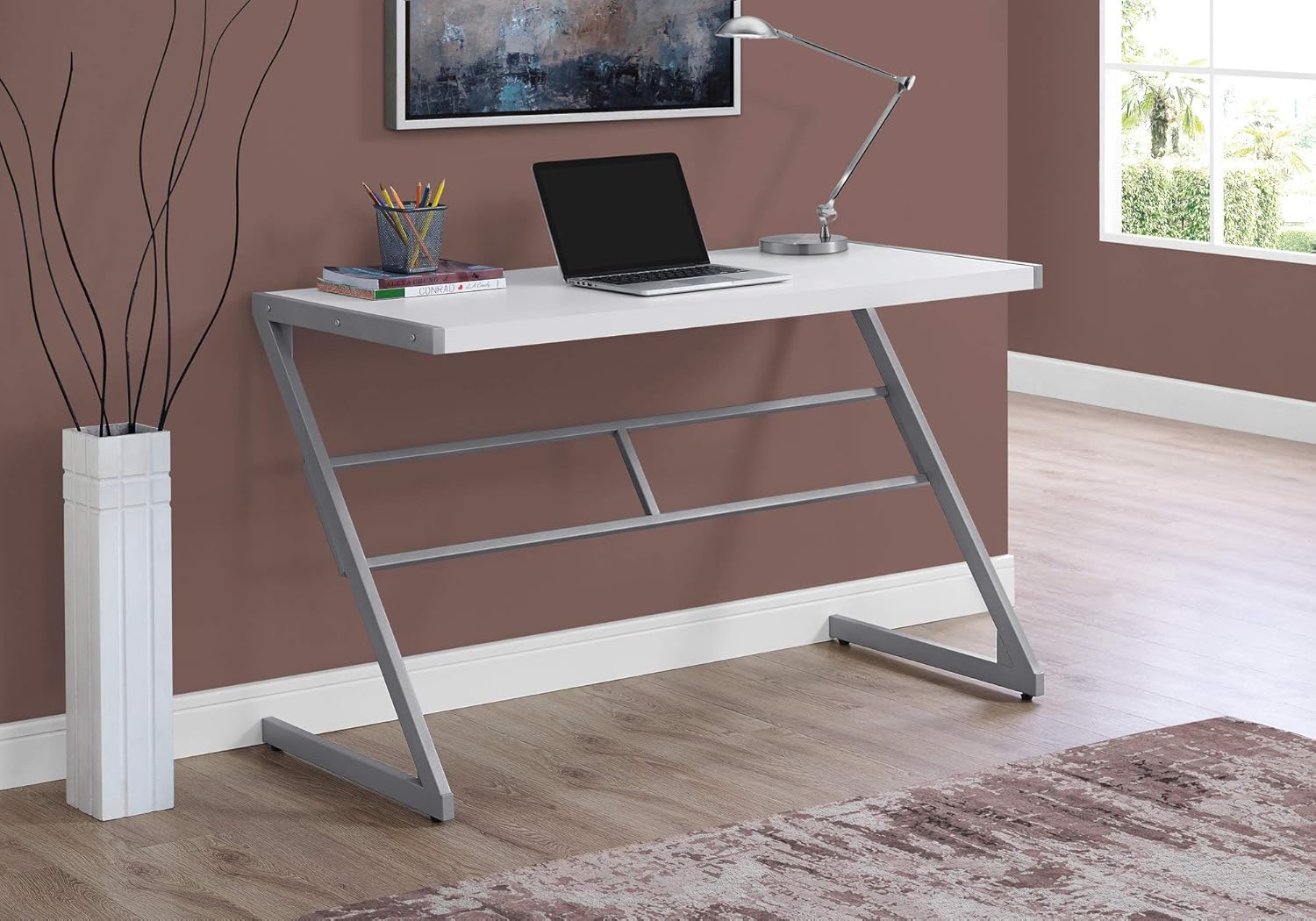 48″ Z‑Leg Computer Desk – Rustic Industrial Style Modern Office Furniture K737D - with White Top & Silver Base | Sold by Uncle Wiener's Wholesale