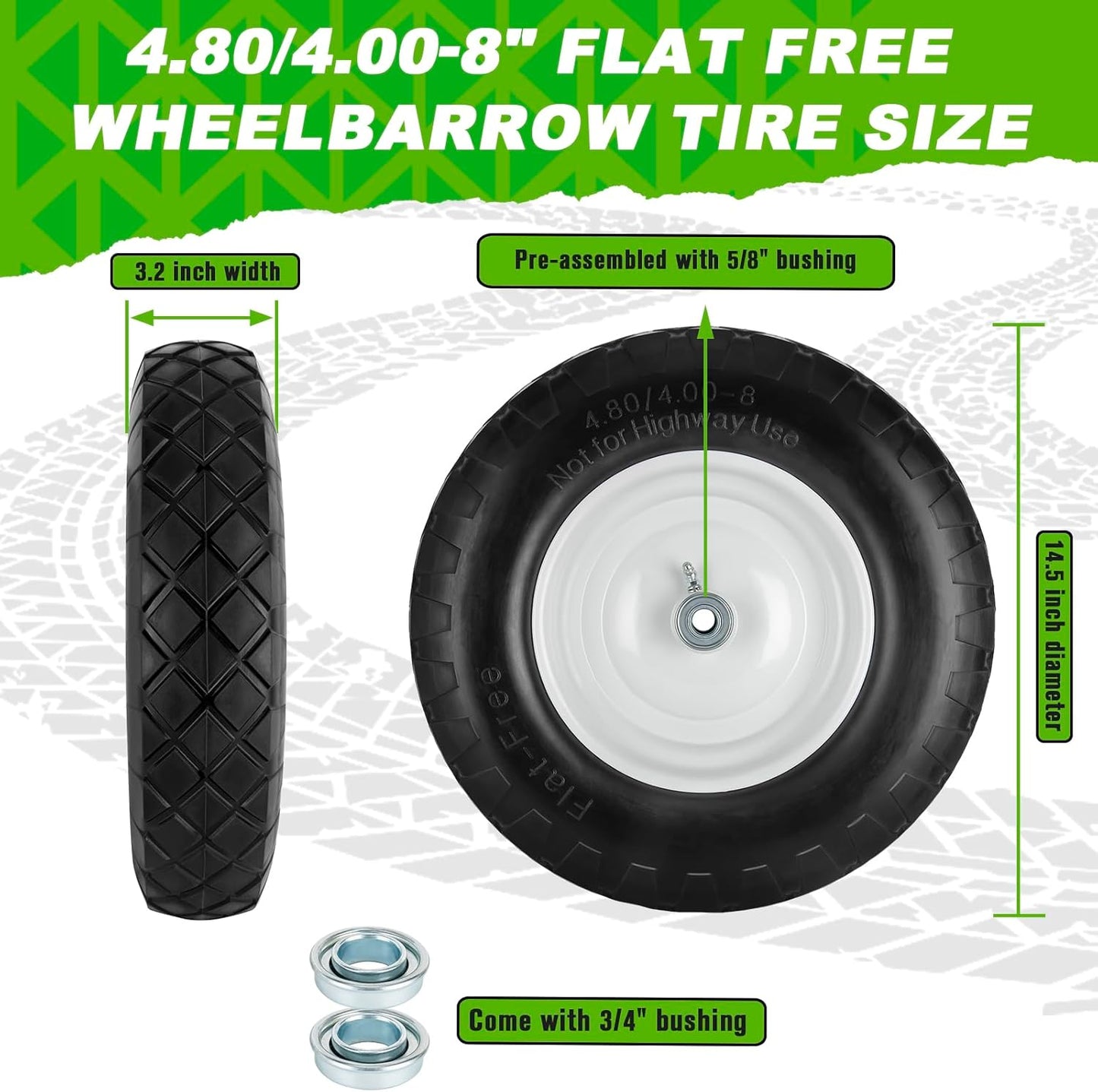 4.80/4.00 - 8 Solid Tire & Wheel Assembly, Flat - Free Utility & Lawn Cart Wheels, 2 Pack – TW4804008S2 - with | Sold by Uncle Wiener's Wholesale