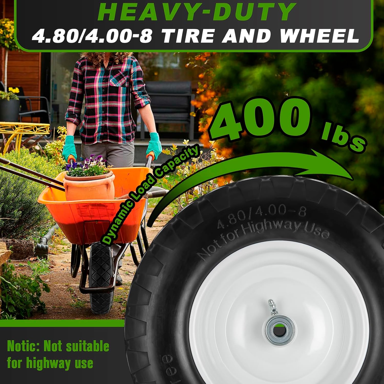 4.80/4.00 - 8 Solid Tire & Wheel Assembly, Flat - Free Utility & Lawn Cart Wheels, 2 Pack – TW4804008S2 - with | Sold by Uncle Wiener's Wholesale